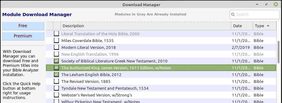 Downloading and installing 3 new Bible modules